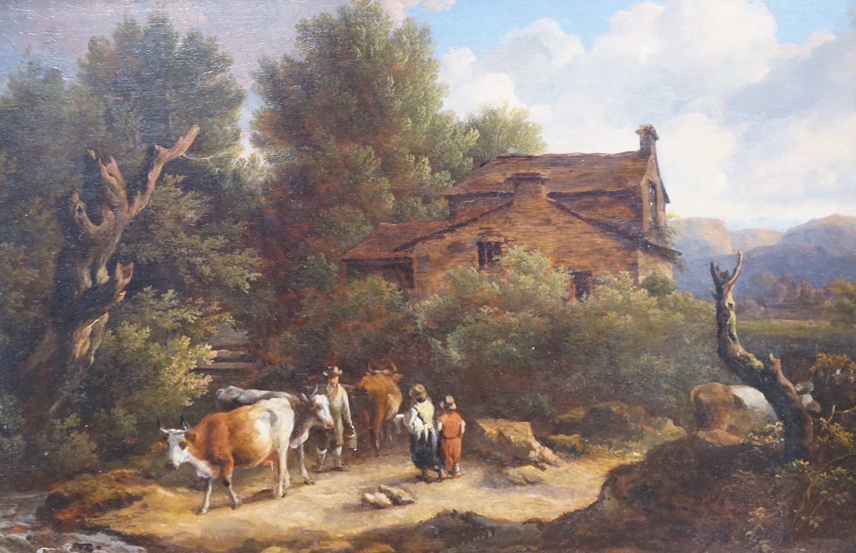 19th century English School, oil on board, Pastoral scene of figures and cattle before a cottage, 37 x 24cm, ornate gilt frame